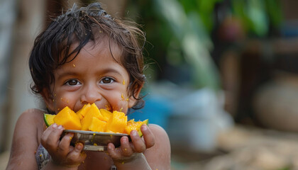 Wall Mural - cute little indian girl eating a mango