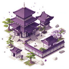 Wall Mural - A japanese urban purple city architecture isolated on white background, isometry, png
