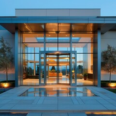 Wall Mural - Front entrance door of a modern home: predominantly glass construction creates a chic and minimalist appearance