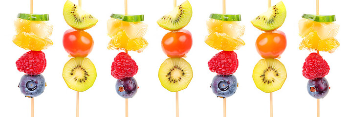 Wall Mural - Fresh summer fruits on sticks isolated on white background, summer health concept