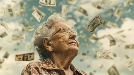 Elderly woman looking up as money falls around her in a portrait