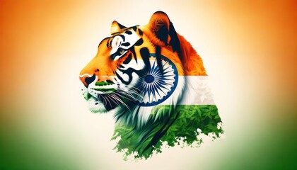 A double exposure silhouette of a Bengal Tiger filled with the Indian flag