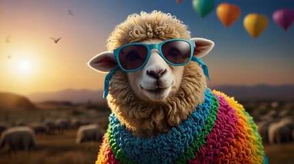 SMILING colorful Sheep with sunglasses wearing clothes.