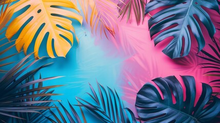 Colorful summer background with abstract illustration with jungle exotic leaves