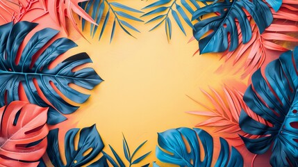 colorful summer background with abstract illustration with jungle exotic leaves