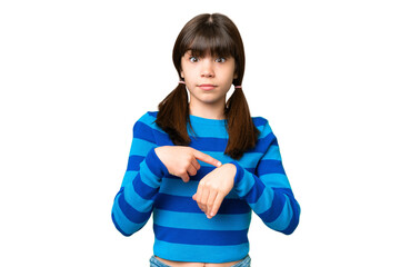 Little caucasian girl over isolated background making the gesture of being late