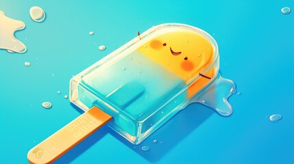 Graphic design featuring a cartoon 2d illustration of a cheerful ice lolly popsicle with a smiling face icon