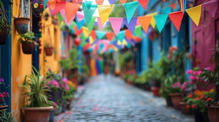 A colorful display of flowers and balloons hangs above a crowd of people