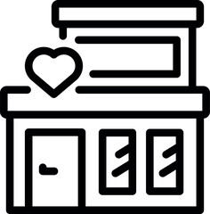 Sticker - Black and white line art vector illustration of a charming boutique with a heart symbol