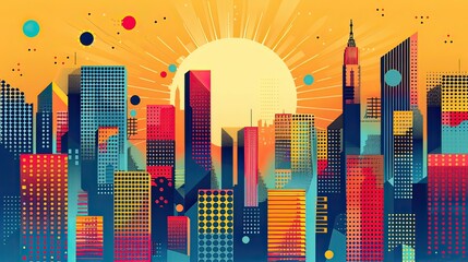 Wall Mural - Abstract cityscape with geometric buildings and bold colors, modern and stylish