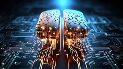 A digital brain made of circuit boards and glowing data streams, symbolizing the advanced technology behind AI learning for web development in Cwealth
