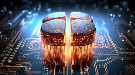 A digital brain made of circuit boards and glowing data streams, symbolizing the advanced technology behind AI learning for web development in Cwealth
