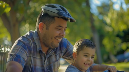 Wall Mural - The picture of the father and son is learning to riding the bicycle together under sunlight surrounded with nature, riding bicycle require skill like balance, safety awareness and persistence. AIG43.