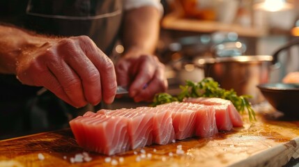 Wall Mural - A man is preparing a dish of sushi on a wooden cutting board