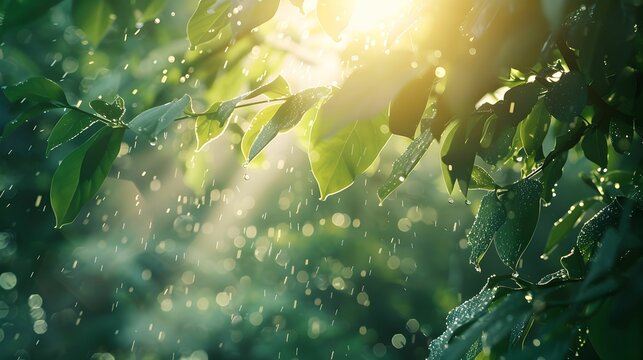 Close-up of vibrant green leaves glistening with morning dew, bathed in warm sunlight creating a tranquil and refreshing scene.