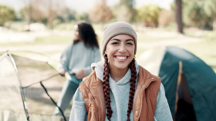 Wall Mural - Woman, face and smile in nature for camping, happy and holiday or getaway with friends for peace. Vacation, adventure and camper, park and outdoor or relax on eco friendly travel in forest for break