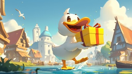 Poster - A charming cartoon interpretation of a duck cartoon character holding a gift box has been beautifully rendered