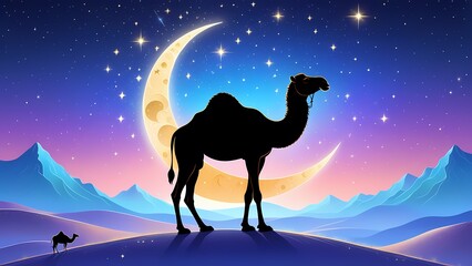 Wall Mural - Eid mubarak background with camel in desert and crescent moon