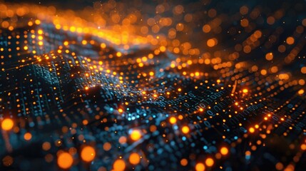 Binary code flowing in a digital landscape
