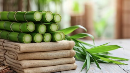 Wall Mural - bamboo sticks aligned vertically on a wooden table, adjacent to a bamboo plant and a cloth sack brimming with bamboo leaves