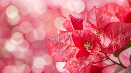 Wall Mural -  A close-up of a red Poinsettia plant against a background of focused light, with a foreground of soft, blurred light