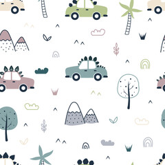 Wall Mural - Seamless pattern with cute dino cars and forest. Dino car racing. For fabric, textile, wallpaper, wrapping, apparel design