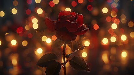 Wall Mural -  A solitary red rose rests before a hazy backdrop of red, yellow, and white lights in a room illuminated with red, white, and yellow lights