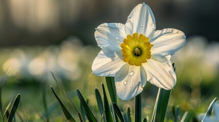 Wall Mural -  A solitary white daffodil with a yellow core amidst a sea of emerald grass Petals dotted with water droplets; hazy green backdrop of grass