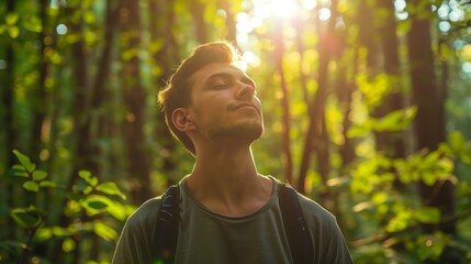 Man Breathing Fresh Air in Lush Forest