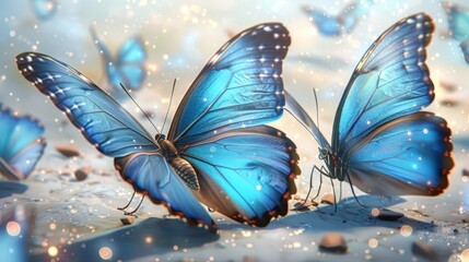  A group of blue butterflies sits atop a sandy ground beside a blue sky dotted with numerous tiny, white bubbles, and scattered with minuscule, white specks