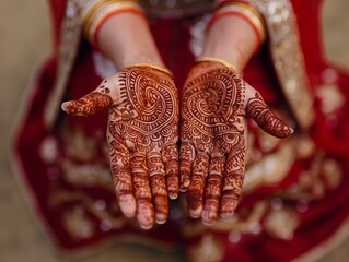 A woman wearing a red dress and holding her hands up with henna designs on them. Concept of cultural celebration and beauty
