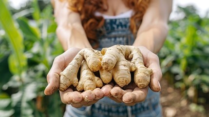 Wall Mural -  A person closely holds ginger in hands against a backdrop of a green ginger plant