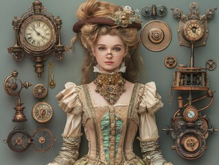 Canvas Print - A woman in a Victorian dress stands in front of a wall of clocks. The clocks are all different sizes and styles, and the woman is the center of attention. Scene is whimsical and playful