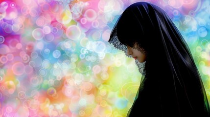 Canvas Print -  A woman in a veil stands before a multicolored backdrop, gazing downwards, wearing one veil over each head