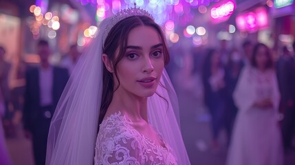 Canvas Print -  A woman in a wedding dress and veil stands before a crowd under neon lights