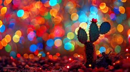 Wall Mural -  A clarified background reveals a cactus perched atop rocks, with vibrant lights in the distance