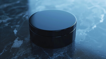 A small black container sits on a marble countertop