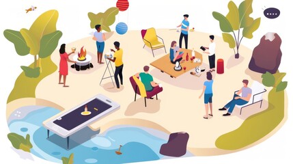 Illustrate a lively summer party scene from a distance, emphasizing festivity and warmth, with a versatile background for text or graphics