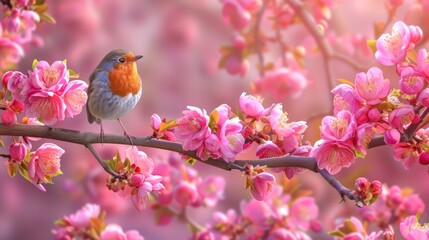 Wall Mural -  A bird sits on a tree branch, surrounded by pink flowers in sharp focus Background consists of pink flower blurs with soft focus
