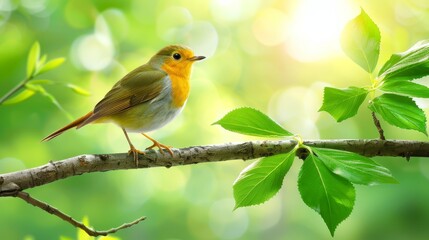 Wall Mural -  A small bird sits on a tree branch, surrounded by green leaves Behind is a vibrant green backdrop of sunlight filtering through the foliage on a sunny day