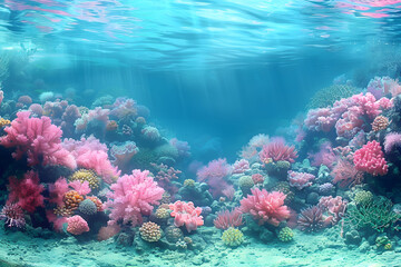 Wall Mural - Background underwater coral reef with vibrant colors like coral pink, turquoise, and seafoam green, with intricate coral formations and tropical fish creating a colorful and lively underwater world.