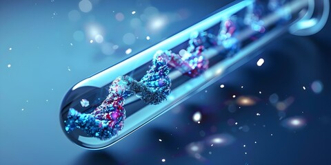 Magnified DNA Strands in a Test Tube: A Reflection of Biotechnological Marvel. Concept Biotechnological Marvel, DNA Strands, Test Tube, Magnified, Reflection