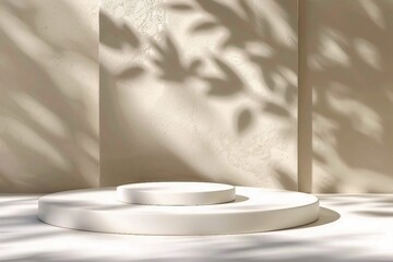 Wall Mural - Abstract minimal nature scene - empty stage and white circle podium on beige background and soft shadows of tree leaves. Pedestal for cosmetic product. generative ai.