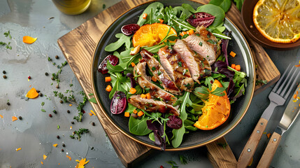 Wall Mural - duck salad with citrus on plate. Menu, recipe mock up, banner. copy space for text. top view