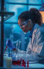 Wall Mural - A woman in lab coat working on a test tube.