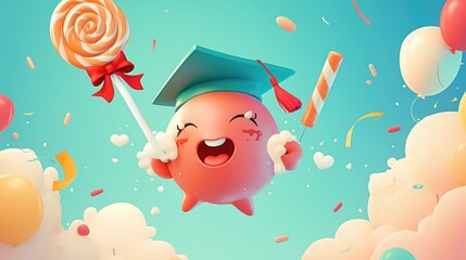 A cartoon candy character playfully tossing its graduation cap in the air makes for a delightful illustration