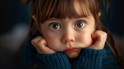 Wall Mural - A young girl with brown hair and brown eyes is looking at the camera with a surprised expression. Concept of innocence and curiosity. a magazine cover, ink style, a little girl of 5 years old