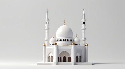 3D rendering of a simple miniature mini mosque front view on a bright white background