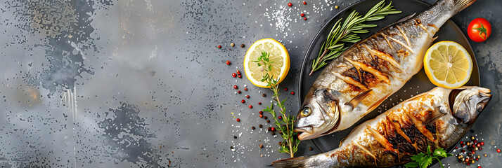 Wall Mural - Grilled dorado fish and lemon. Healthy food. roasted dorado. Detox and clean diet concept. place for text, top view