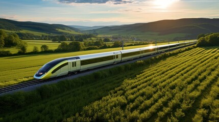 modern passenger train gliding through a picturesque countryside 